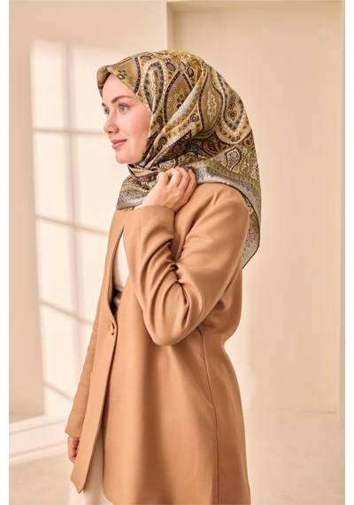 Silk Home Twill İpek Eşarp 11476-49 Acı Kahve, Bej, Yeşil, Yeşil Gri