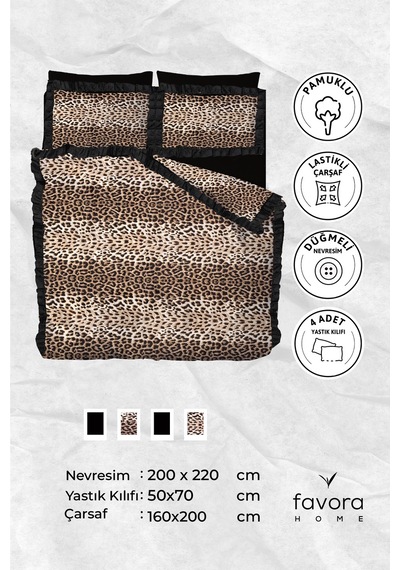 Fırfırlı Leopar Desenli Lastikli Çarşaflı Çift Kişilik Nevresim T Siyah - Kahve