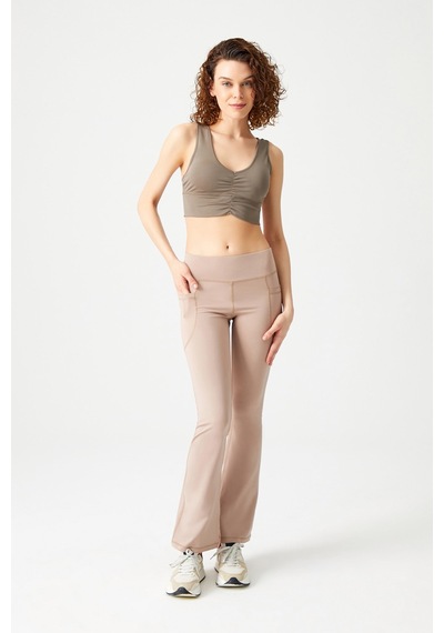 Los Ojos Haki Hafif Destekli Kaplı Önü Büzgülü Crop Top Büstiyer Low Scoop Haki