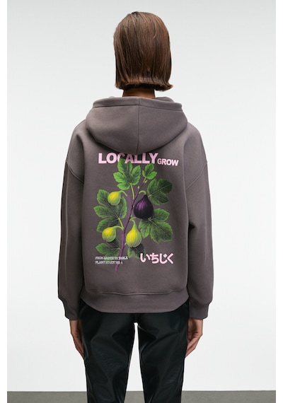 Grimelange YANMESA Kadın Oversize Baskı Ve Nakış Detaylı Uzun Kollu Kapüşonlu Antrasit Sweatshirt