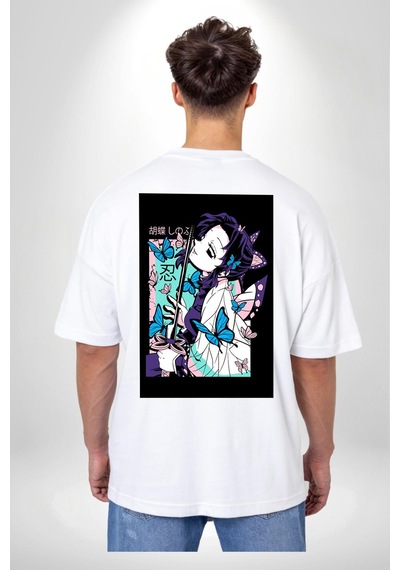 Shinobu Kocho Demon Slayer Beyaz Oversize Unisex Ön Ve Sırt Baskılı Tişört Beyaz