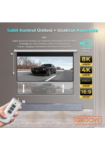 Groove Vizio Pro 100 Inch Blackout Işık Geçirmez Elektrikli Otomatik Kumandalı Projeksiyon Perdesi 220x125cm +motorlu+canlı Renkler+göz Koruması+leke Tutmaz Projector