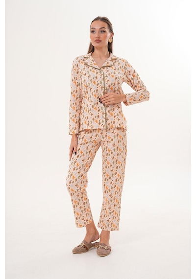 Çift Kaplan Kadın Pamuk Zeytin Desen Gömlek Yaka Yeşil Pijama Takımı 7032 Yeşil