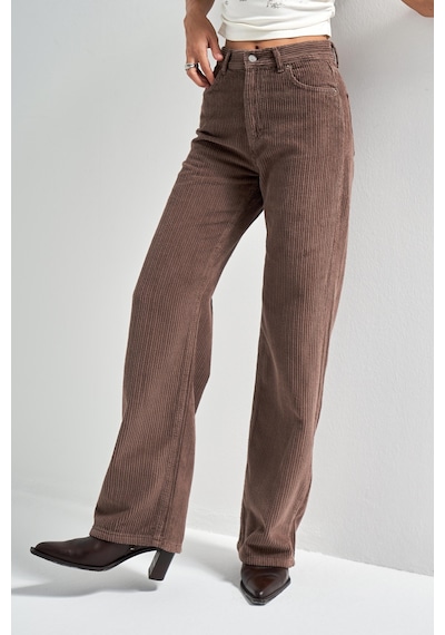 Itsbasic Kadın Pastel Kahve Doris 29w5-140 Straight Fit Yüksek Bel Kalın Fitilli Velvet Kadife Kumaş Pantolon