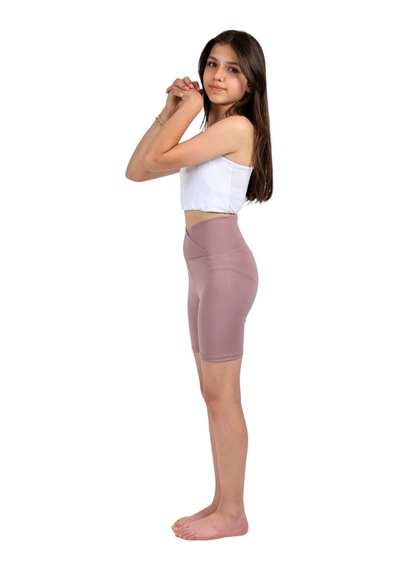 Erdem Kıds Kız Çocuk Yüksek Kruvaze Bel, Biker, Koşu, Yürüyüş, Spor, Atletik, Egzersiz, Fittness Kısa Tayt Lila Lila