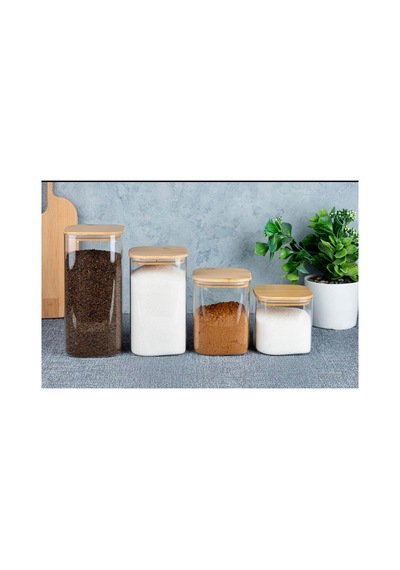 4 Lü Bambu Vakum Kapaklı Borosilikat Cam Kare Çay Şeker Tuz Kahve Bakliyat Erzak Kavanoz Seti Bej 714302218 Bej