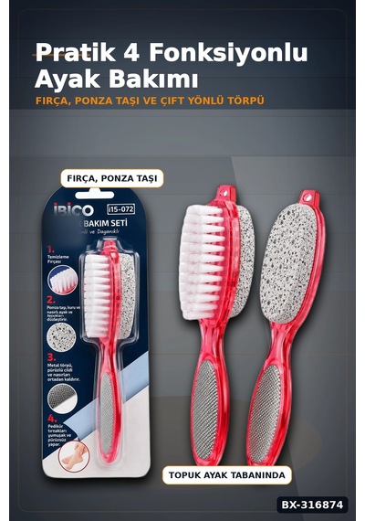 Ayak Ve Topuk Bakım Törpüsü Fırçalı Ponza Taşlı 4 Fonksiyonlu Asorti 1 Adet Bx-316874