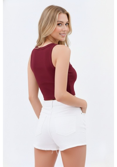 Zedefx Kadın Halter Yaka Pencere Detaylı Crop Bluz bordo