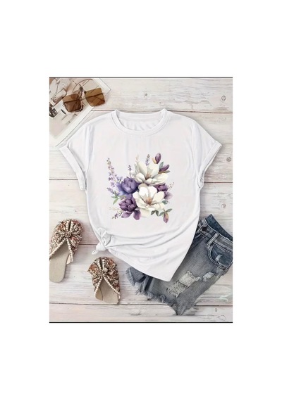 Herkesemoda Çiçek Baskı Detaylı Basic T-shirt Beyaz