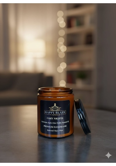 Cozy Nights Tarçın & Vanilya Kokulu El Yapımı Doğal Soya Mumu Happy Blaze Candle Amber