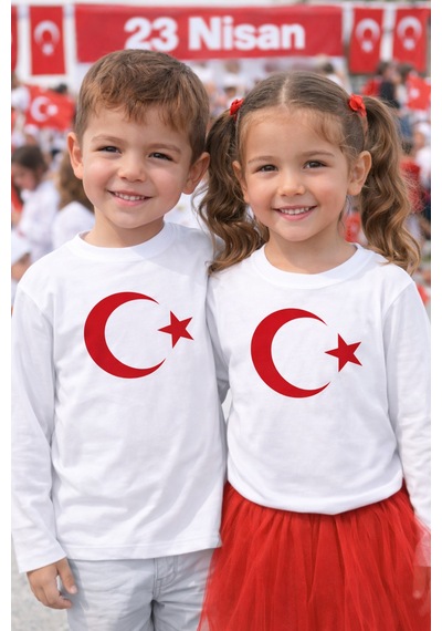 Herşey Nota Ay Yıldız Baskılı Uzun Kollu Beyaz Çocuk Tişört 23 Nisan Okul Gösterisi 3-14 Yaş