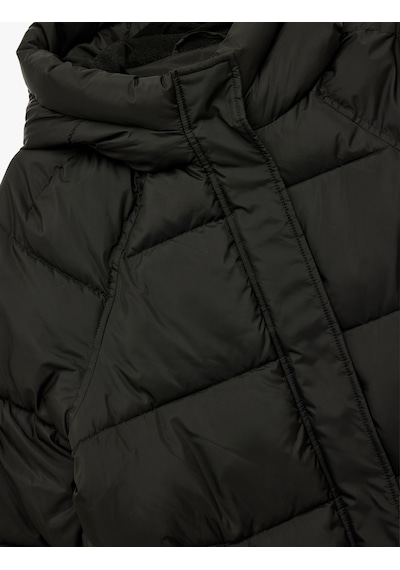 Koton İçi Polar Astarlı Uzun Kollu Fermuarlı Su İtici Kapüşonlu Oversize Şişme Mont Siyah 6wak20164ew