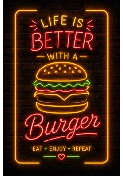 Burger Neon Duvar Tablosu Mdf Baskı Retro Kafe Mutfak Dekorasyonu 20x30 Cm