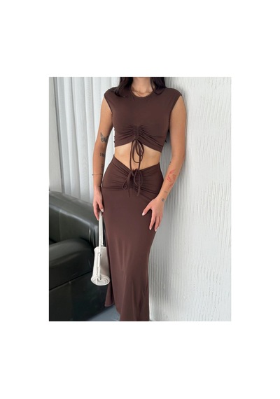 Osy Modal Yumuşak Dokulu Kumaş Büzgülü Crop Etek Takım -kahverengi