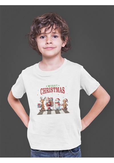 Bumeta Christmas Crossing Santa Geyik Ve Kardan Adam Baskılı Çocuk Tişört T-shirt Beyaz