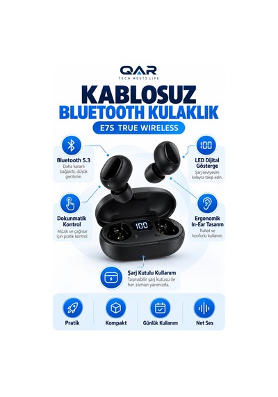 Qar E7S Bluetooth 5.0 Kablosuz Kulak İçi Kulaklık