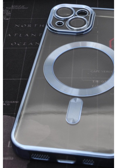 Apple Uyumlu iPhone 14 Magsafe Özellikli Saks Mavi Renkli Kenarlı Lazerli Şeffaf Kılıf Lens Korumalı