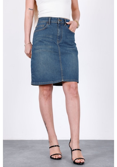 HLT Jeans Vintage Blue Kadın Regular Fit Likralı Yüksek Bel Orta Boy Denim Kot Etek Alice-4011 Mavi