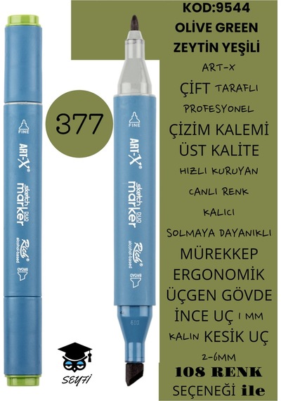 Çift Taraflı Profesyonel Çizim Kalemi Kalıcı Mürekkep Üçgen Gövde İnce Uç 1 Mm Kesik Uç 2-6mm Sketch 377-zeytin Yeşili
