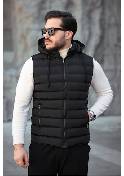 Mero Life Erkek Siyah Standart Fit Çıkarılır Kapüşonlu Cepli Fermuarlı Şişme Yelek