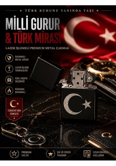 Türkün Simgesi Ay Yıldız Bayrak Temalı Benzinli Metal Çakmak Premium Hediye Dolu Gönderim