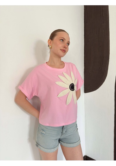 Verymoda Çiçek Detaylı Tişört D2910 Pembe