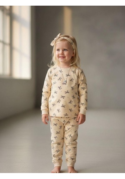 Kız Çocuk Pamuklu Fiyonklu Pijama Takımı-16829 KREM