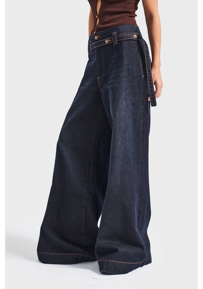 Itsbasic Kadın Koyu Kot Rengi 2w5-128 Süper Palazzo Fit %100 Koton Kemer Detaylı İç Boy 83cm Denim Jean