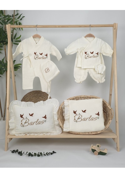 Gros Shop Müslin Yeni Doğan 4katlı Organik %100pamuk Kişiye Özgü Nakışlı Hastane Çıkış Seti 3'lü Kelebk Model Ekru-2