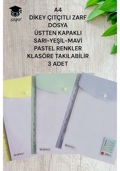 A4 Dikey Çıtçıtlı Zarf Dosya Üstten Kapaklı Sarı-yeşil-mavi Pastel Renk Klasöre Takılabilir 3 Adet Diğer