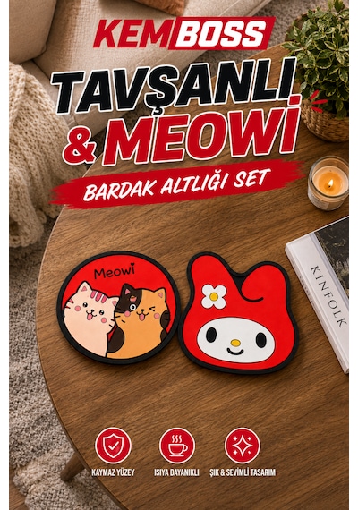 Kemboss Tavşanlı Ve Meowi Silikon Bardak Altlığı Seti 4'lü Kaymaz Isıya Dayanıklı Coaster Çok Renkli