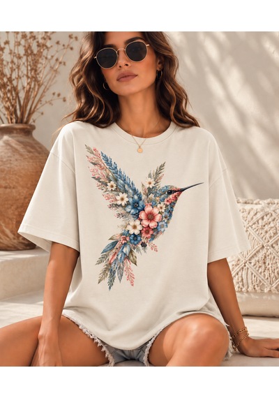 Velaura Studio Çiçekli Kuş Kadın T-shirt Ekru