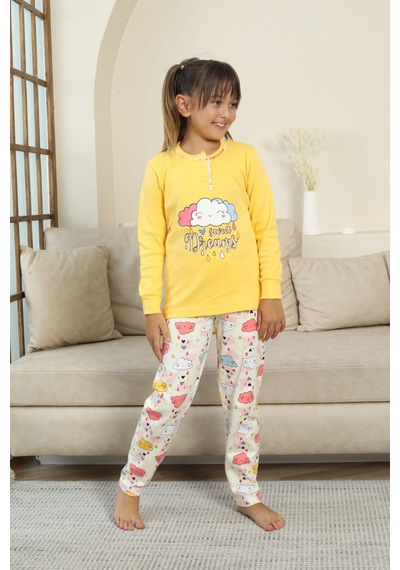 Miniğimin Cicileri Bulut Baskılı Düğmeli Kız Çocuk Pijama Tak... Sarı