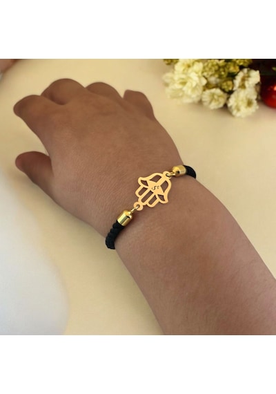 Ş Harfine Özel Hamsa Motifli 14 Ayar Altın Plakalı Siyah İpek Örgülü Hediye Bileklik-509harf Ş