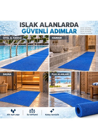 Hortumtech Bal Petek Paspas Kaydırmaz Pvc Islak Zemin Duş Havuz Su Tahliyesi 4 Mm - Mavi 120 X 750 Cm