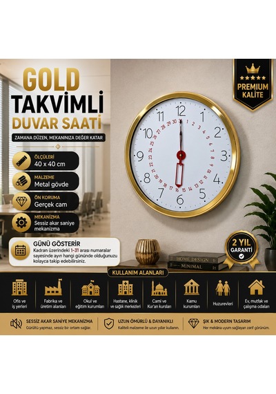 Gold Takvimli 40 X 40 Cm Metal Duvar Saati