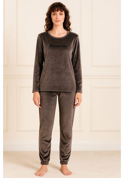Pemilo Kadın 13164-063 Uzun Kol Kadife Pijama Takımı Gri Gri