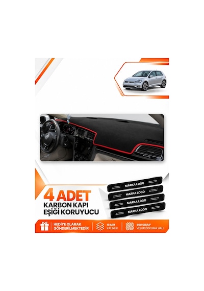Volkswagen Golf 7 2012-2020 Uyumlu Ön Torpido Koruma Kılıfı Halısı Örtüsü - Siyah Kırmızı