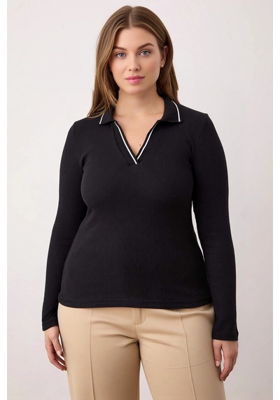 Benerly Kadın Bluz Polo Yaka Uzun Standart Kol Fitted Örme Fitilli Kaşkor siyah