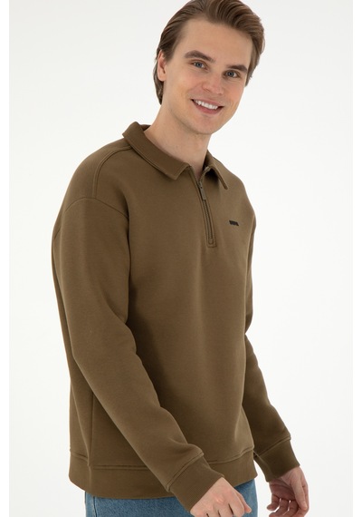 U.S. Polo Assn. Erkek Comfort Fit Yarım Fermuarlı Haki Basic Sweatshirt 50298265-VR027