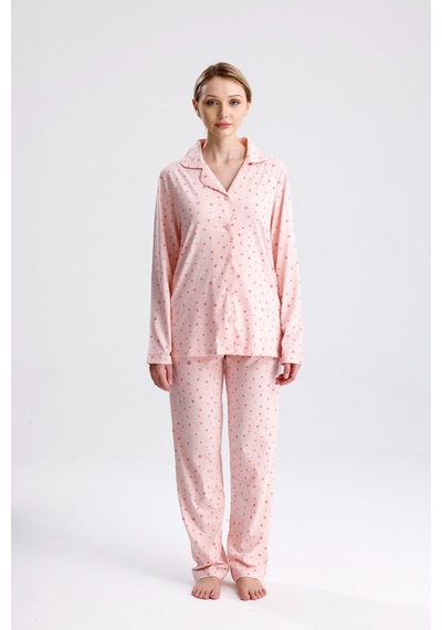 Yeni İnci Yıldız Desen Pamuk Kadın Pijama Takım Pembe
