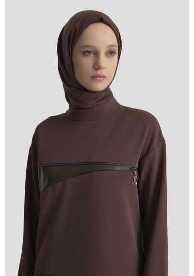 Armine Trend Deri Ve Fermuar Detaylı Fitilli Tunik Kakao 25kt452 Kakao