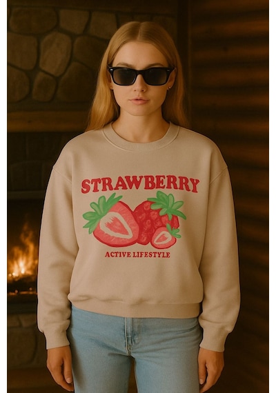 Benroma 3 İplik Penye Strawberry Baskılı Unisex Sweatshırt Bej