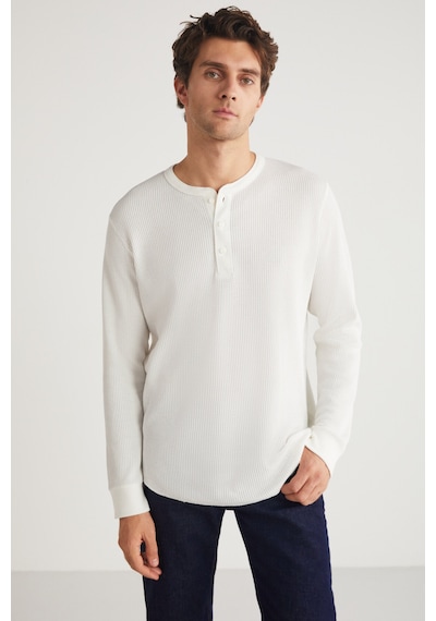 Grımelange Patrıck Erkek Triko Waffle Özel Dokulu Kalın Premium Kumaşlı Düğme Detaylı Beyaz T-shirt