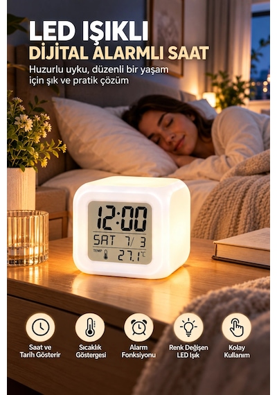 Dijital Ekranlı Küp Saat Led Işıklı Alarm Ve Sıcaklık Göstergeli Çok Renkli