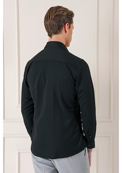 Efor Gk 718 Slim Fit Dokulu Pamuklu Klasik Siyah Gömlek Siyah