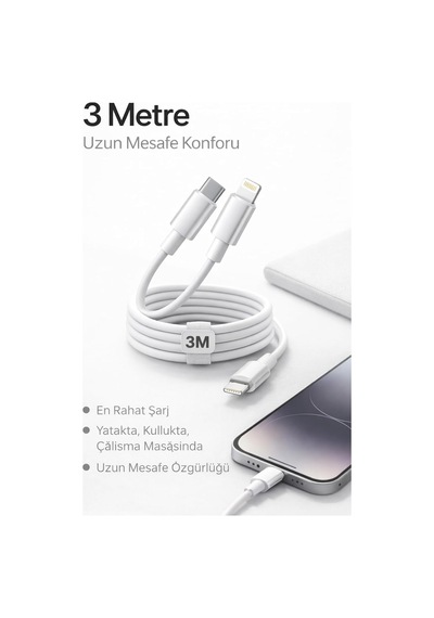 Desıgn Apple iPhone Uyumlu Usb-c To Lightning Şarj Ve Data Kablosu, Beyaz 3m Diğer