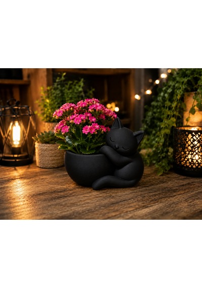 3d Baskı Sarılan Kedi Saksı - Sevimli Dekoratif Saksı - Siyah