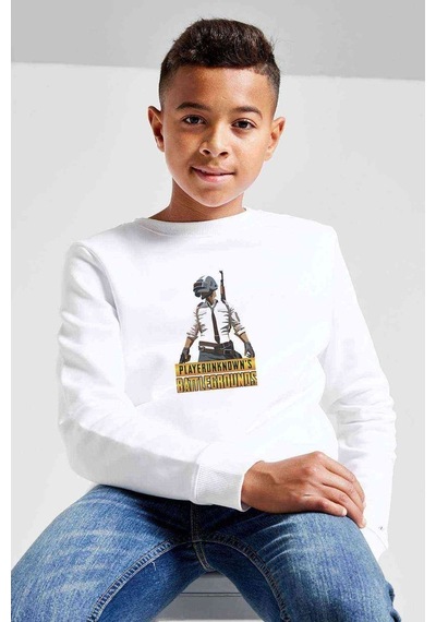 Tshirthane Pubg Baskılı Unisex Çocuk Beyaz Sweatshirt (534763249) Beyaz