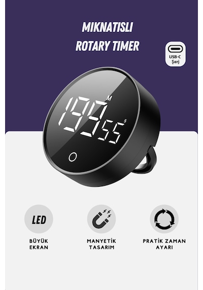 GWORKE Rt-1 Mıknatıslı Zamanlayıcı, Mutfak Kronometresi, Pomodoro, Öğrenci Ders Çalışma Saati - Siyah